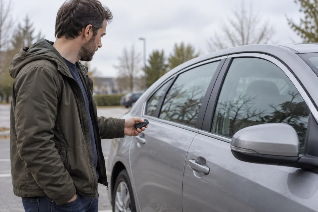 Žmogus su automobilio rakteliu rankoje stovi prie uždarytų automobilio durų.